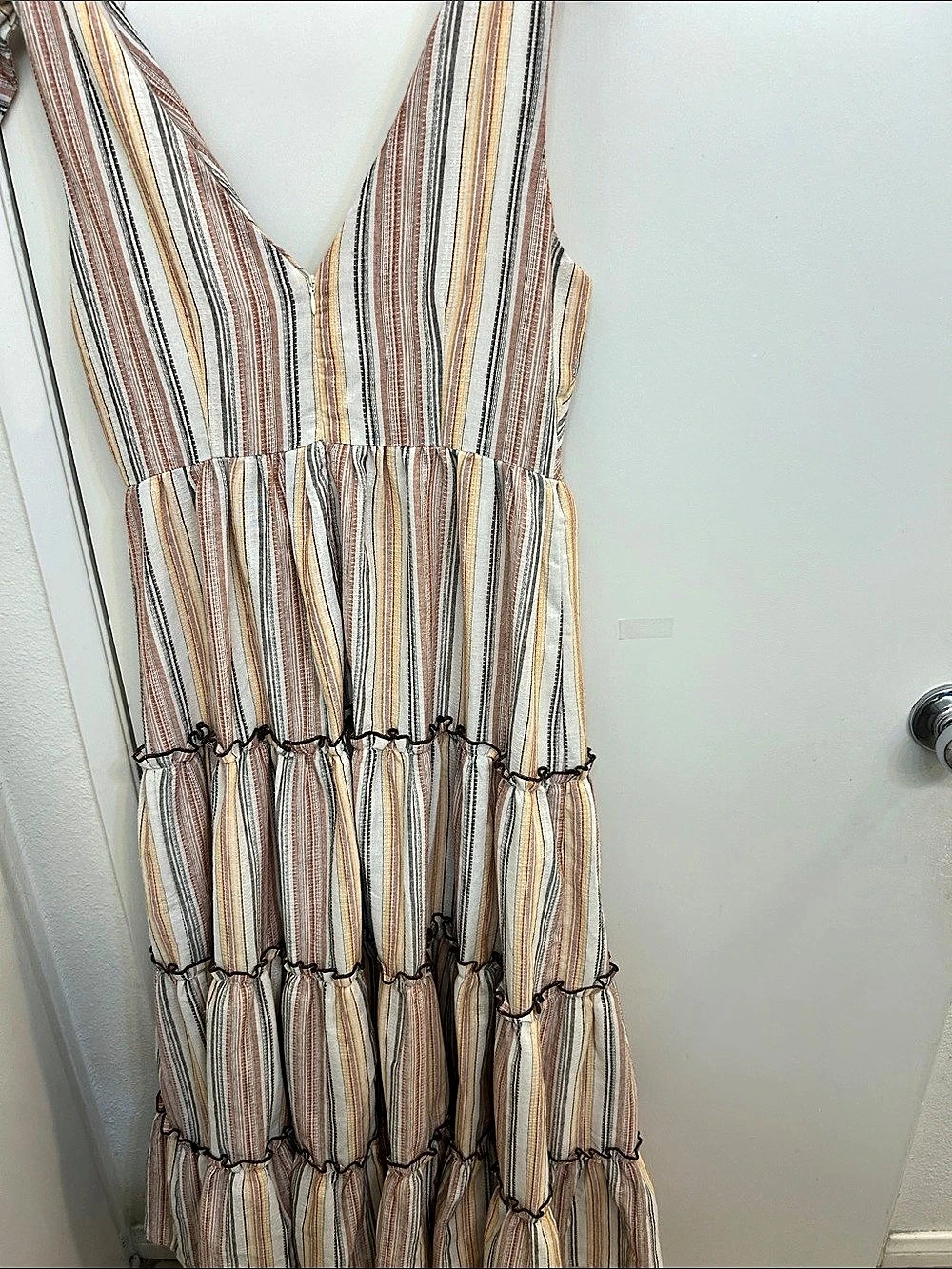 Camellia Striped Button-Back Tiered long  Dress White & Multicolor